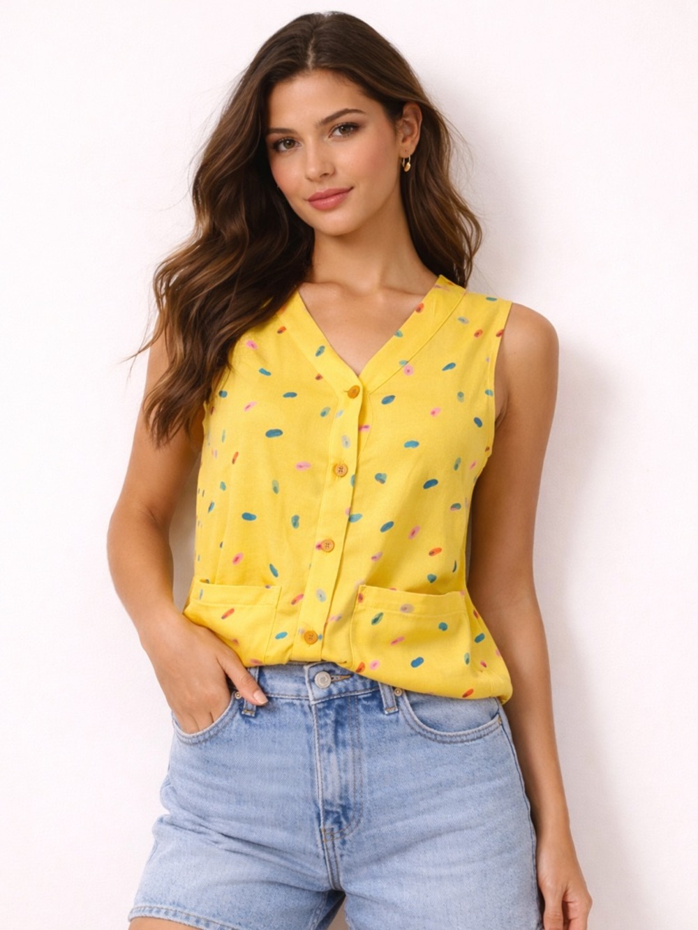 Chacok Yellow Viscose Top with Multicolor Dot Print